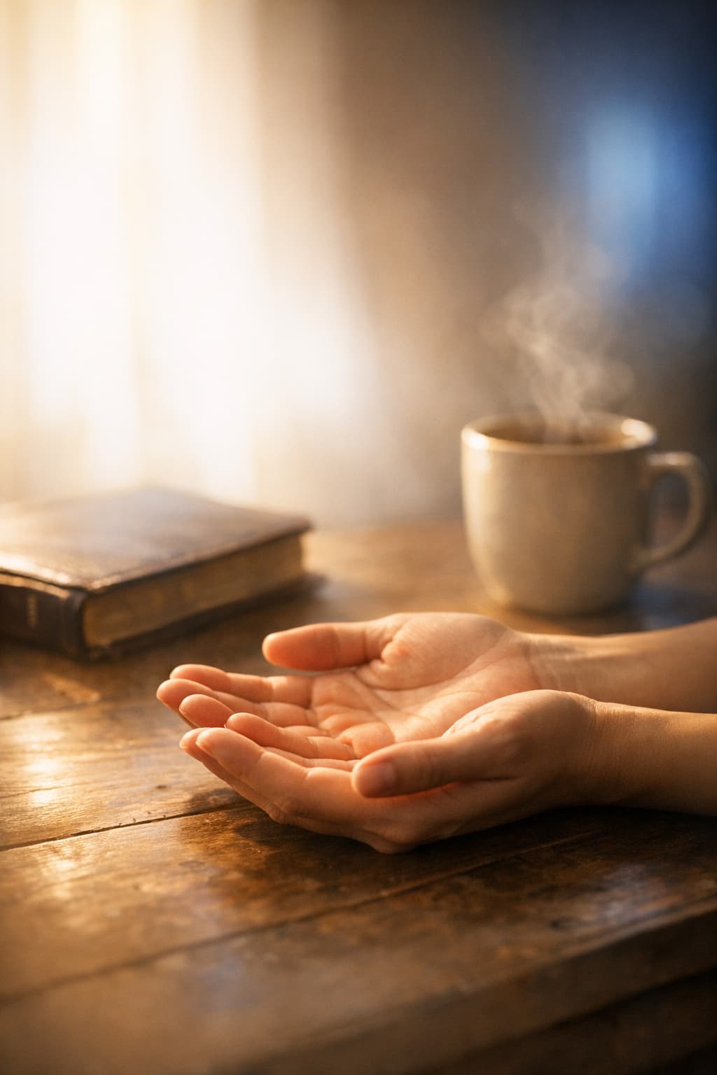 Open hands resting on a wooden table with a Bible and coffee cup in the background, bathed in soft morning light — symbolizing surrender and spiritual rest.