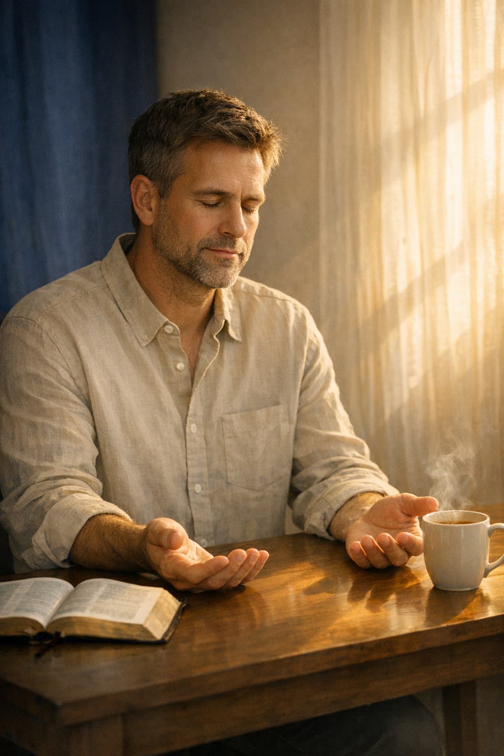 A Christian leader sitting peacefully at a wooden desk on a Monday morning, hands open on the table, Bible nearby, warm morning light streaming in — a posture of inner readiness for the week ahead.