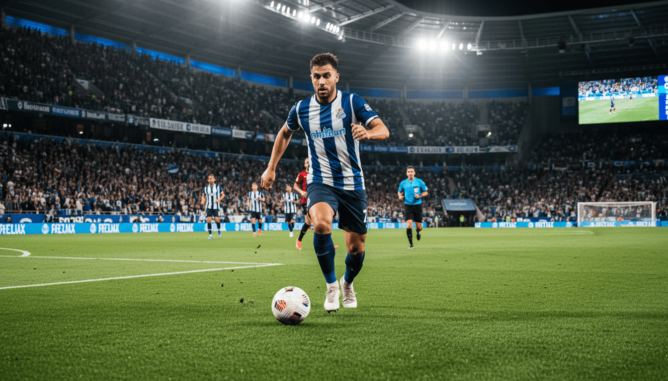 Football player in action on a dynamic sports field background