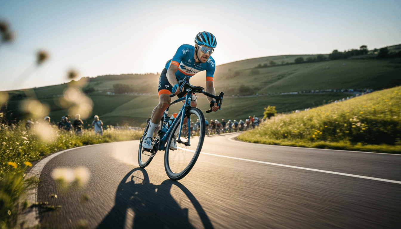 Young cyclist racing intensely on road bike during competition with rolling hills in background