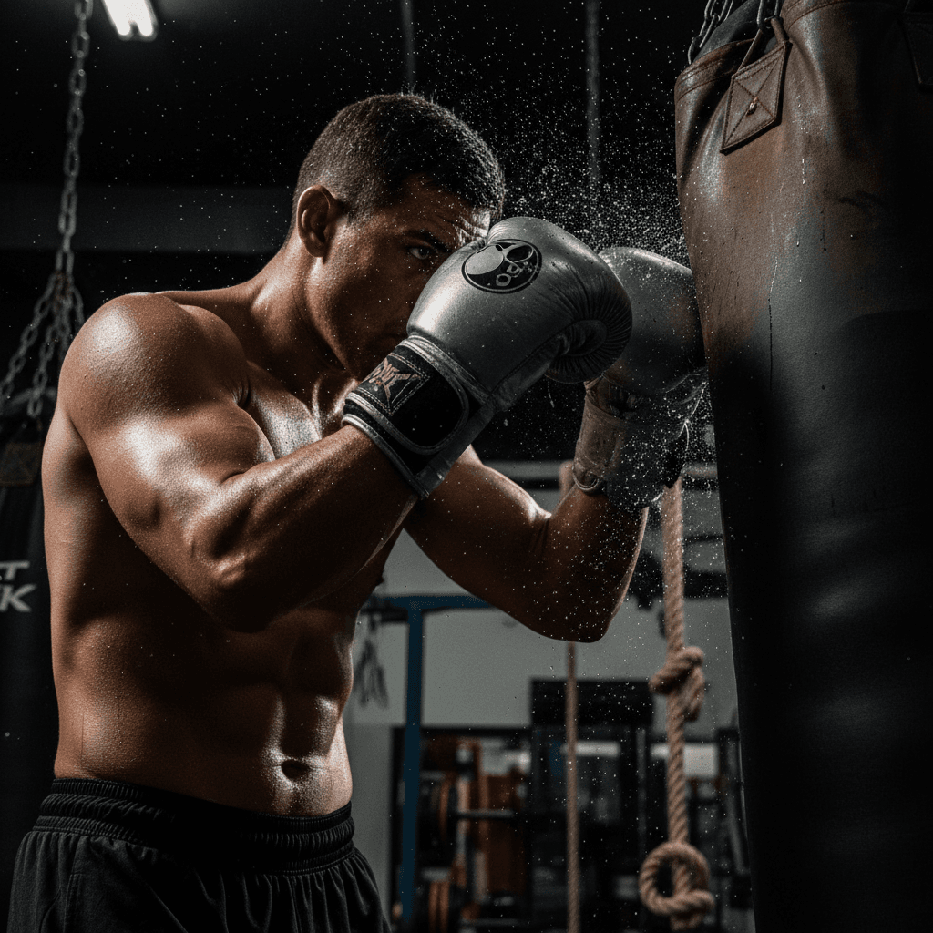Boxer's gloved hands striking heavy bag with intensity in professional boxing gym setting