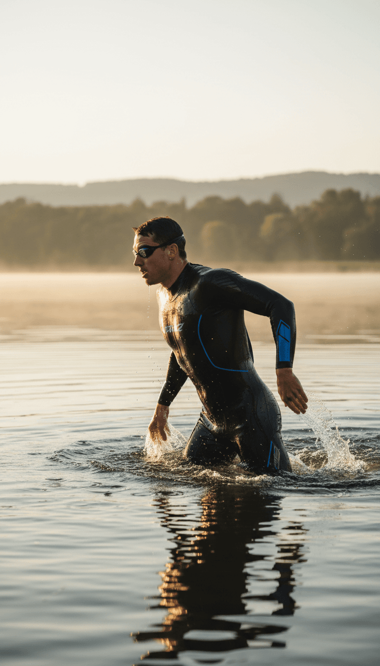 Open-water swimmer in wetsuit mid-stroke, exiting calm water during morning training session