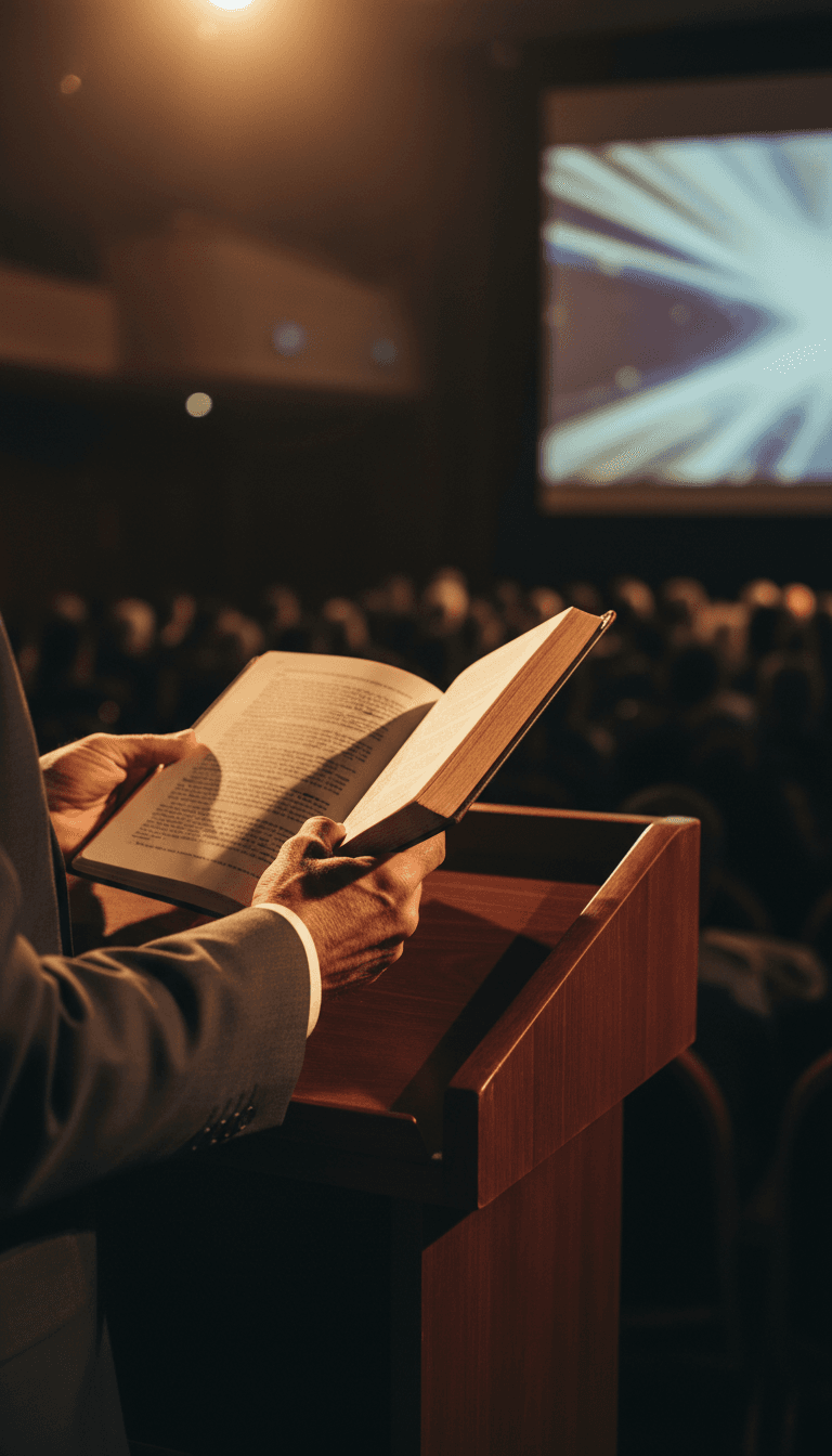 Educator's hands holding an open book at a speaking podium during an inspirational presentation to an auditorium audience in warm stage lighting.