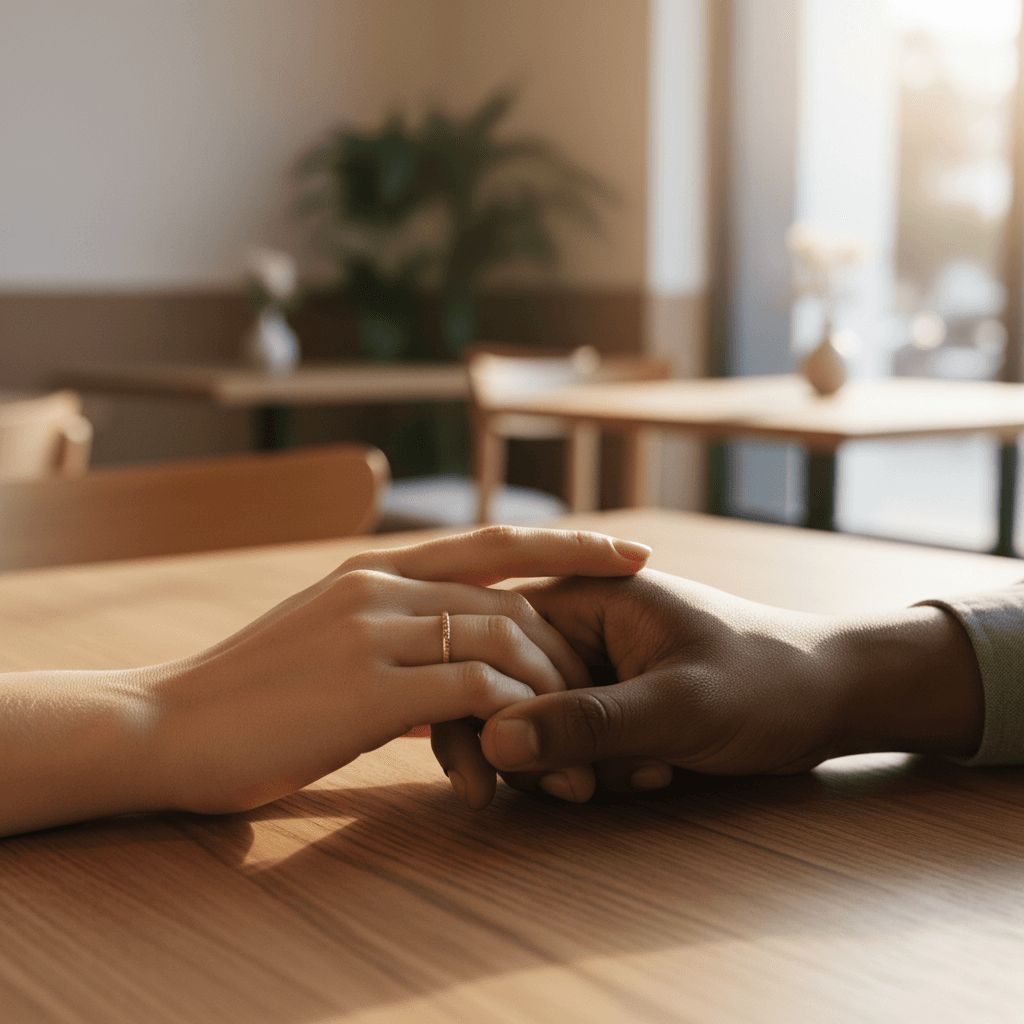 Close-up of diverse couple's hands gently touching over wooden table in natural café lighting, symbolizing romantic connection and commitment