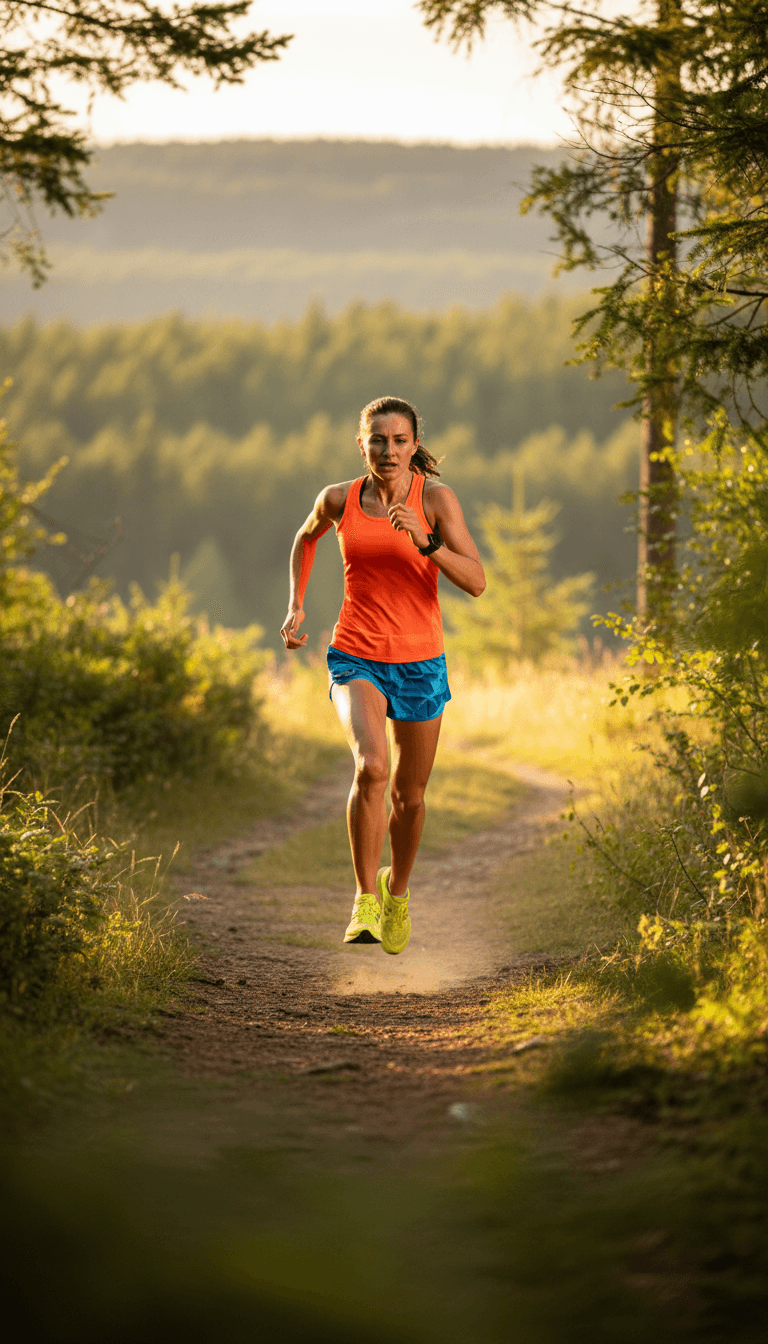 Distance runner in motion on scenic forest trail, displaying strong running form and athletic determination during morning training session