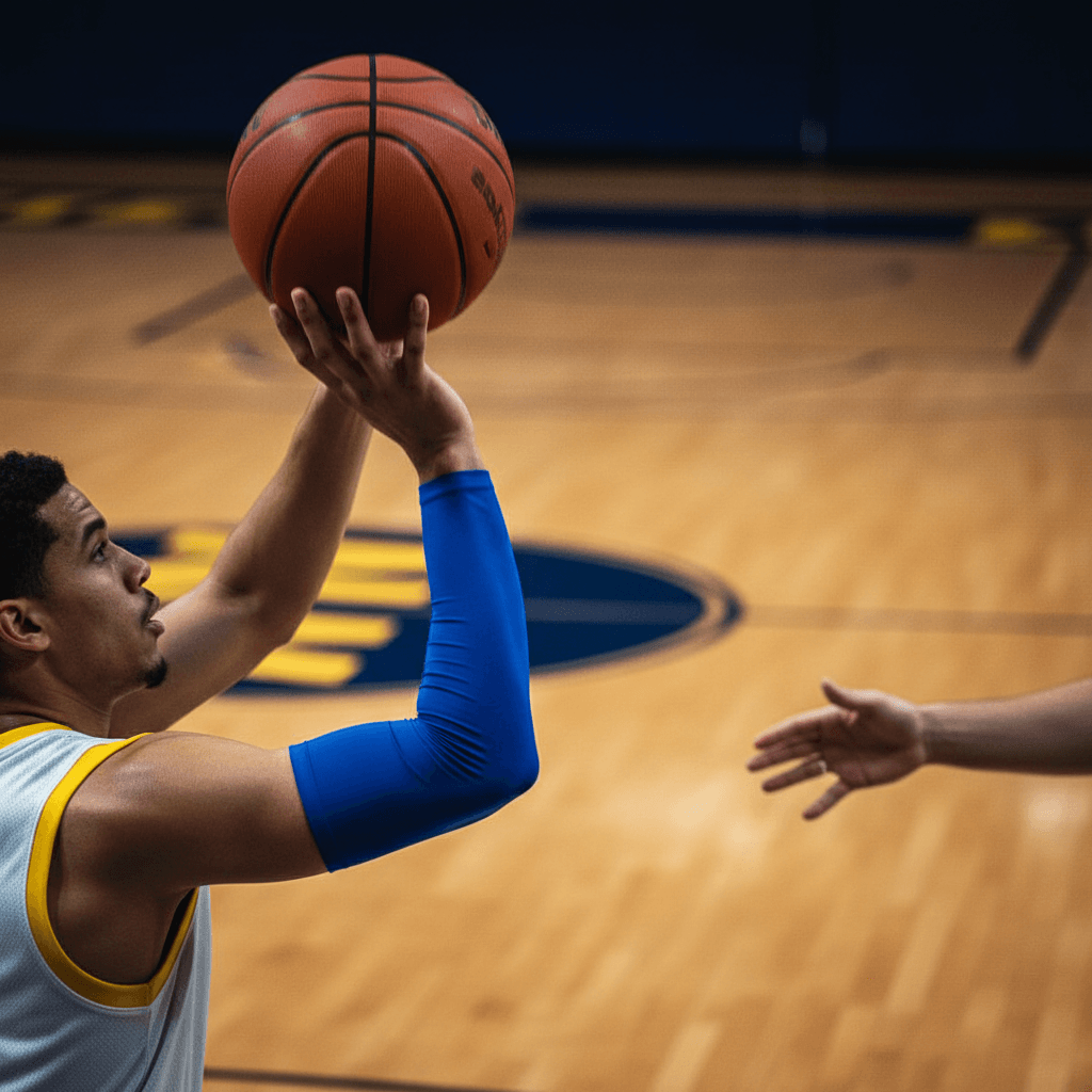 Basketball player's hands and body executing precise shooting form during training with coach observing nearby