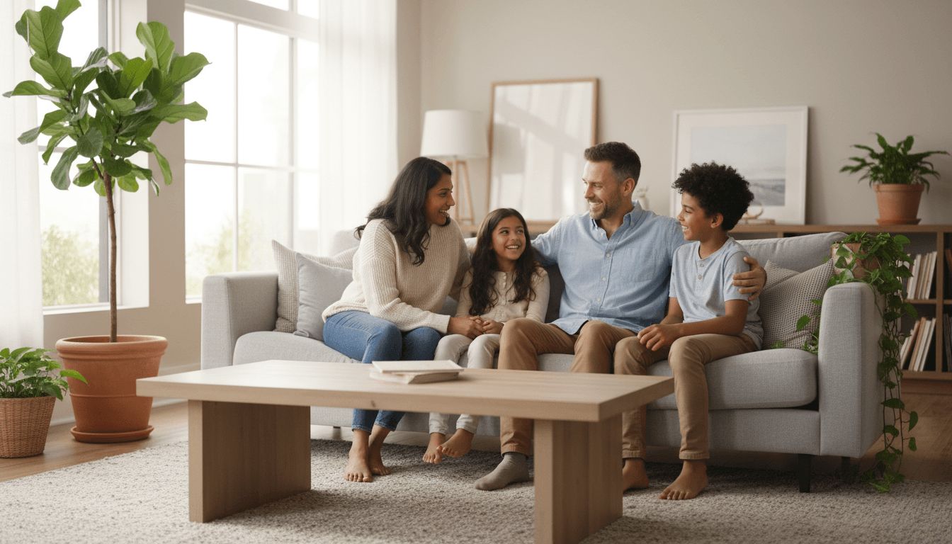 Diverse family of four laughing together on sofa in bright, naturally-lit living room with warm, welcoming atmosphere