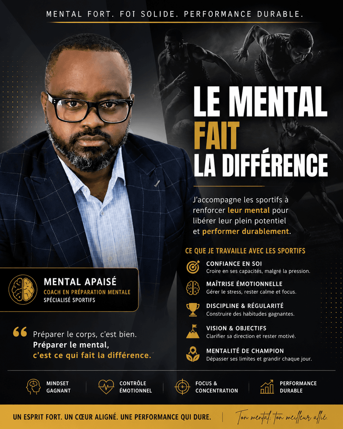 Affiche promotionnelle d'un coach en préparation mentale pour sportifs axée sur la performance durable.