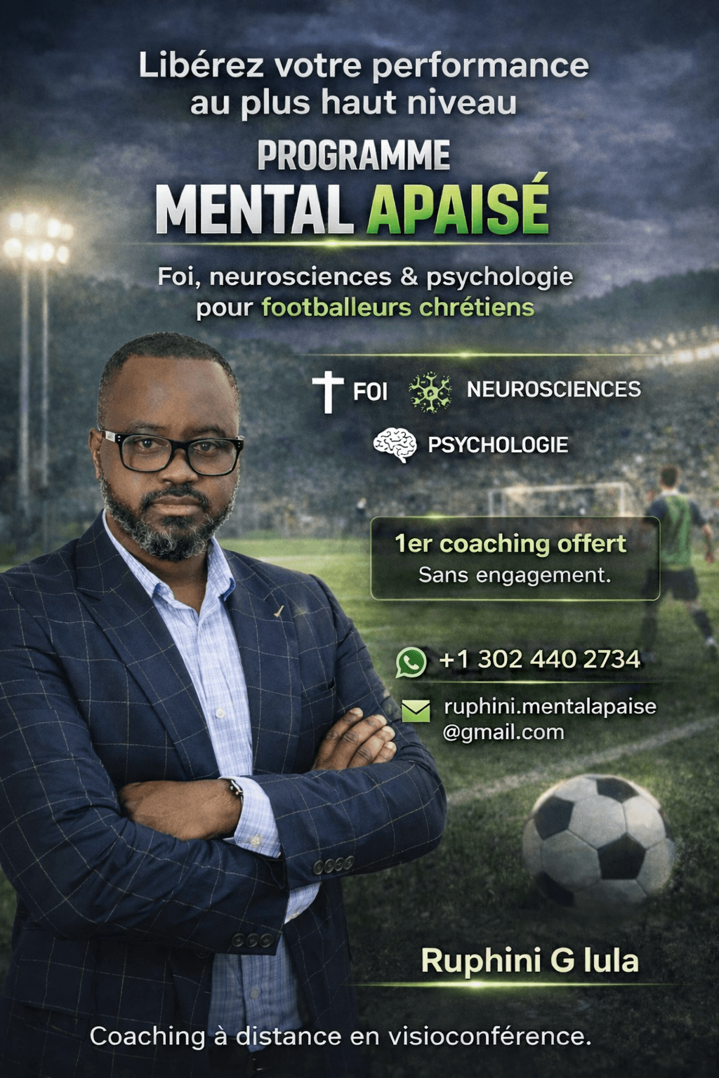 Homme en costume devant un stade pour un programme de coaching mental pour footballeurs chrétiens.