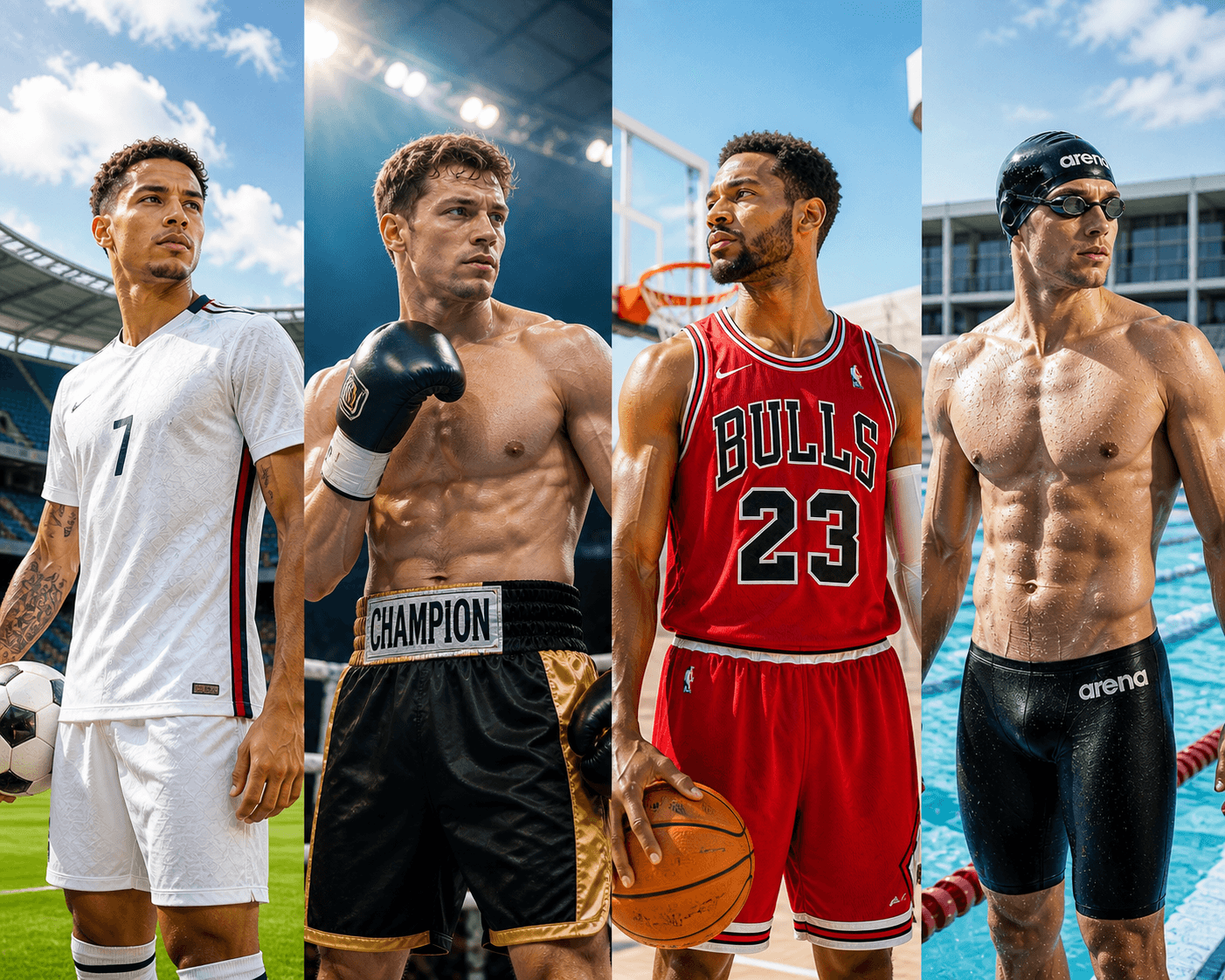 Quatre athlètes masculins représentant le football, la boxe, le basket-ball et la natation professionnelle.